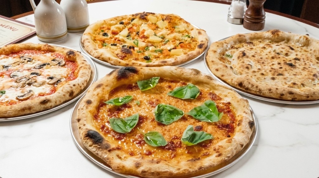 Four sourdough pizzas on a marble table at Howdy Café including basil and mushroom pies