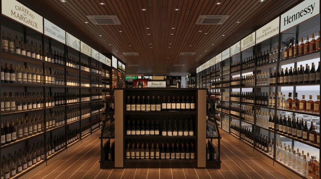 Duty-free wine and spirits aisles inside Liquid Valley at Cenang Plaza