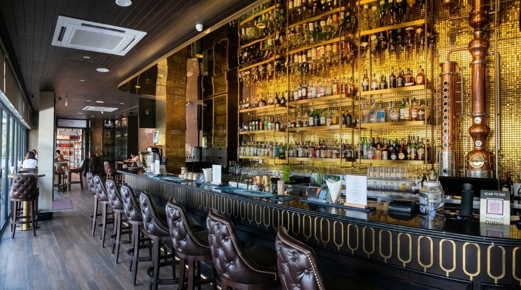 Gold mosaic back-bar and tufted stools along the Liquid Valley cocktail rail
