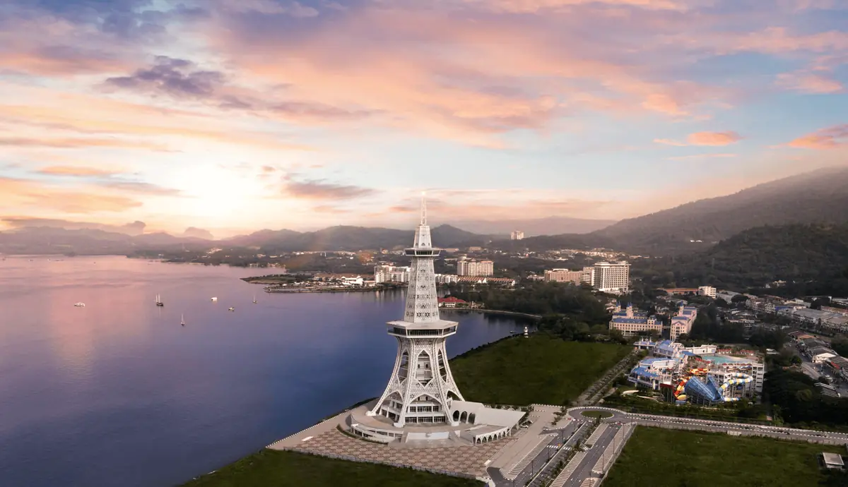 Maha Tower Langkawi at sunset above the Kuah waterfront